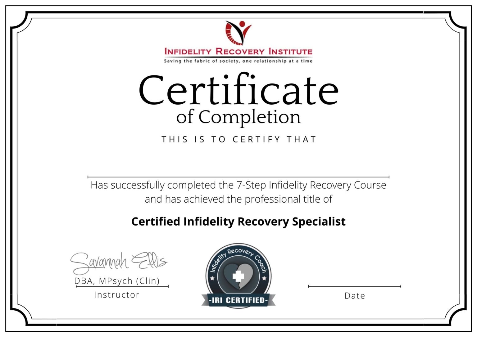 Iri Certificate Of Completion The Infidelity Recovery Institute