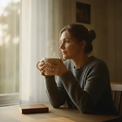 A photorealistic, documentary-style portrait of a woman in her late thirties sitting alone at a small kitchen table in...