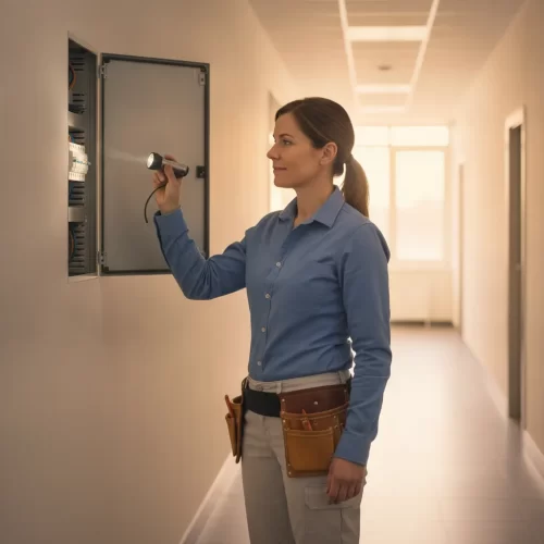 A photorealistic documentary-style portrait of a female electrician in her mid-thirties standing at an open breaker panel...