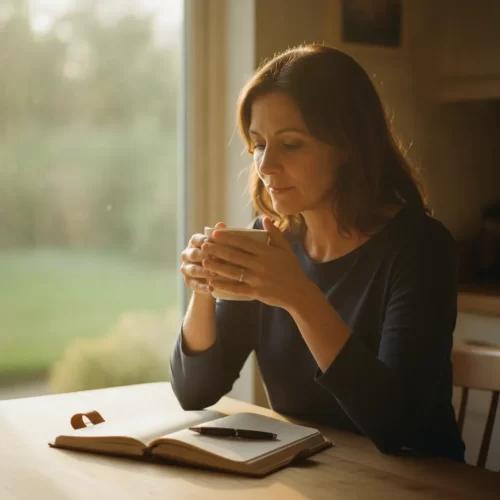 A photorealistic, documentary-style medium shot of a woman in her early forties sitting at a quiet kitchen table in the...