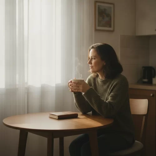A photorealistic, documentary-style medium shot of a woman in her mid-thirties sitting alone at a small kitchen table in...