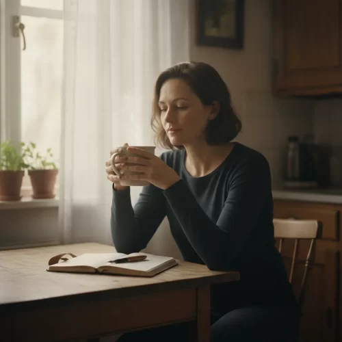 A photorealistic candid portrait of a woman in her late thirties sitting at a small wooden kitchen table in the early...
