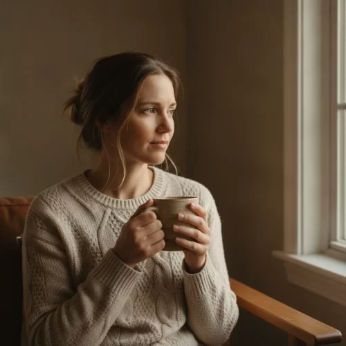 A photorealistic portrait of a woman in her late 30s sitting in a softly lit living room in the quiet stillness of early...