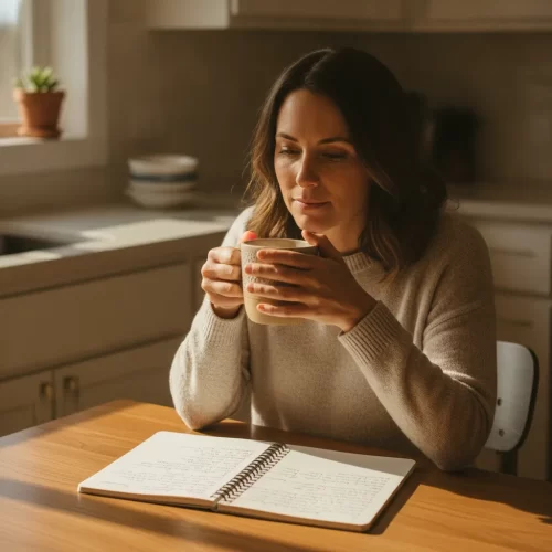 A photorealistic, candid portrait of a woman in her late 30s sitting alone at a clean kitchen table in soft, golden...