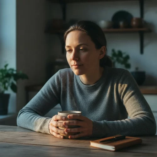 A photorealistic, documentary-style portrait of a person in their early-to-mid thirties — androgynous features, the kind...