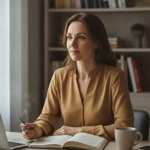 A photorealistic portrait of a woman in her late thirties to mid-forties seated at a clean, thoughtfully arranged home...