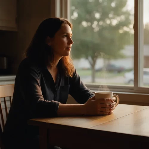 A photorealistic, documentary-style medium shot of a woman in her mid-thirties sitting at a small wooden kitchen table in...