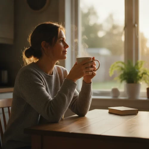 A photorealistic, documentary-style portrait of a woman in her late 30s sitting quietly at a small wooden kitchen table...