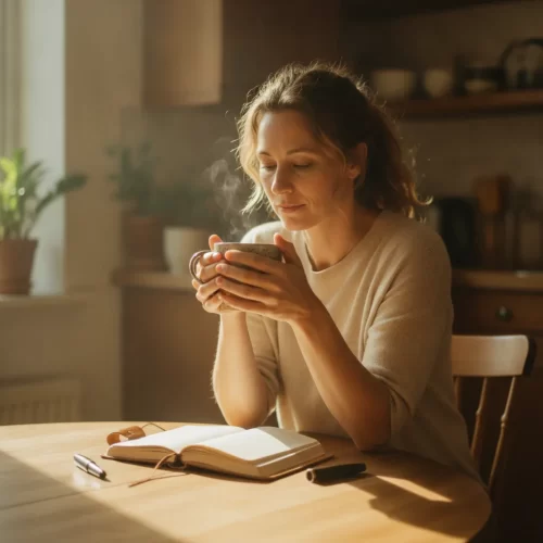 A photorealistic, documentary-style medium shot of a woman in her late thirties sitting alone at a round kitchen table in...