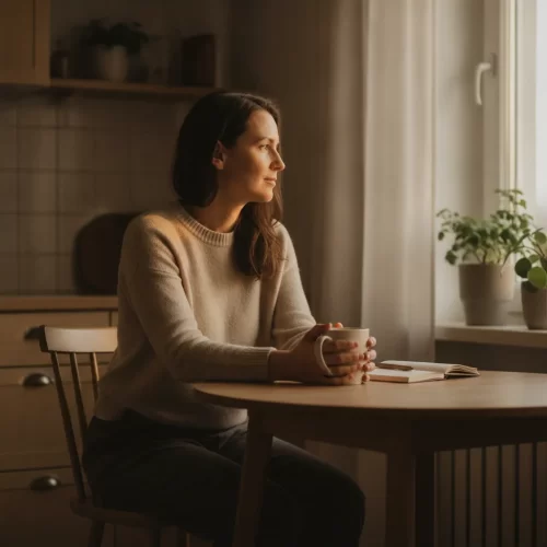 A photorealistic, documentary-style portrait of a woman in her late 30s sitting alone at a small wooden kitchen table in...