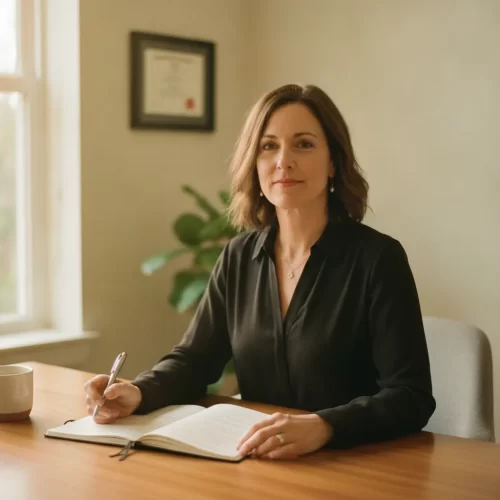 A photorealistic portrait of a woman in her early forties sitting at a clean wooden desk in a warmly appointed home...