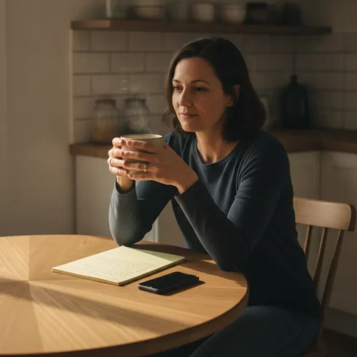A photorealistic, documentary-style medium shot of a woman in her late thirties sitting at a small wooden kitchen table...