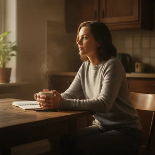 A photorealistic, documentary-style portrait of a woman in her late thirties sitting alone at a kitchen table in the...