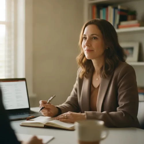 A photorealistic editorial portrait of a relationship coach in her early 40s seated at a clean, warmly lit home office desk,