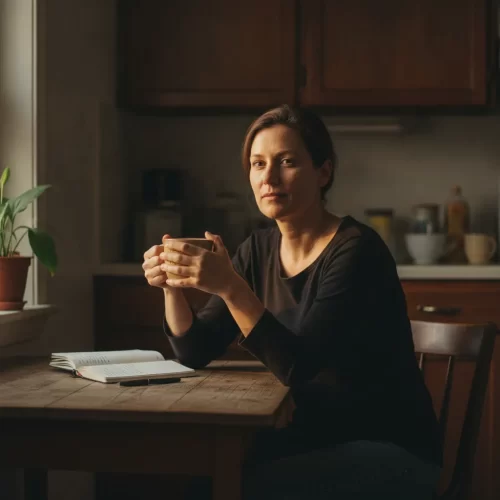 A photorealistic, soft documentary-style portrait of a woman in her mid-thirties sitting alone at a small wooden kitchen...