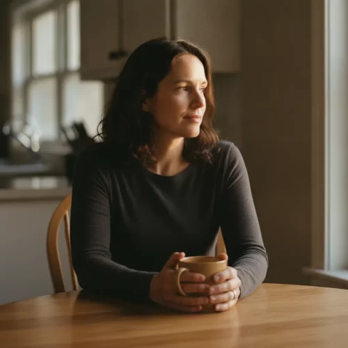 A photorealistic, documentary-style portrait of a woman in her late thirties sitting alone at a round kitchen table in...