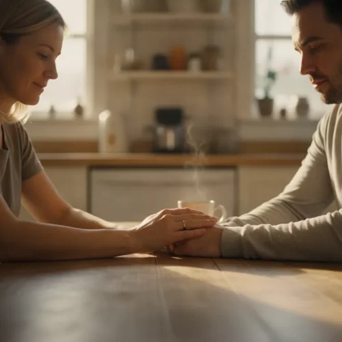 A photorealistic, documentary-style medium shot of a couple in their late 30s sitting together at a worn wooden kitchen...