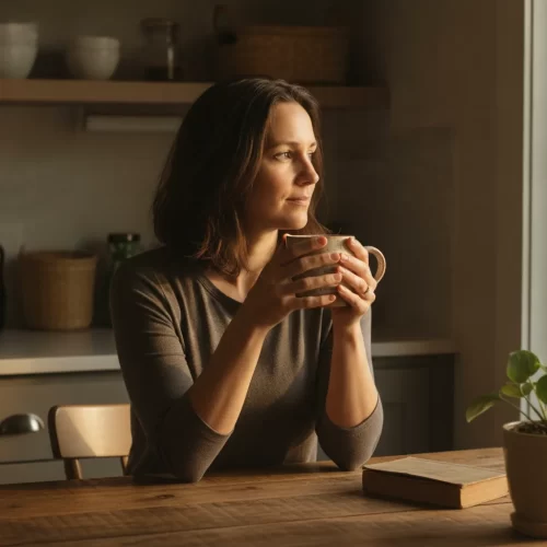A photorealistic, documentary-style portrait of a woman in her late 30s sitting alone at a kitchen table in the quiet of...