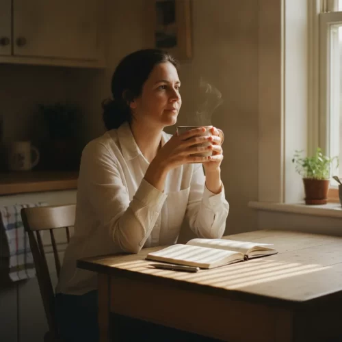 A photorealistic, documentary-style medium shot of a woman in her late thirties sitting at a small wooden kitchen table...
