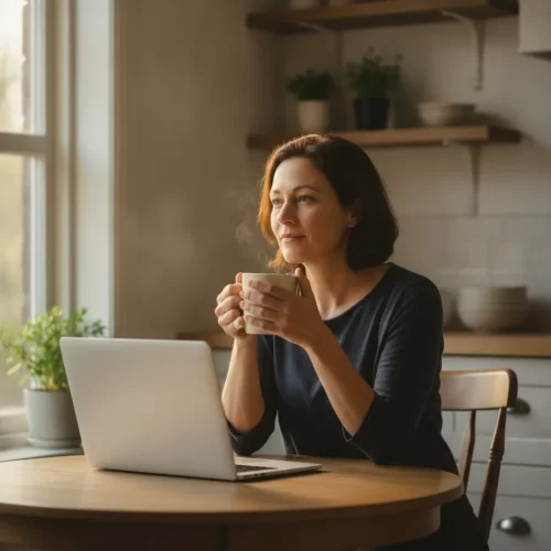 A photorealistic, documentary-style portrait of a woman in her early 40s sitting alone at a small kitchen table in the...