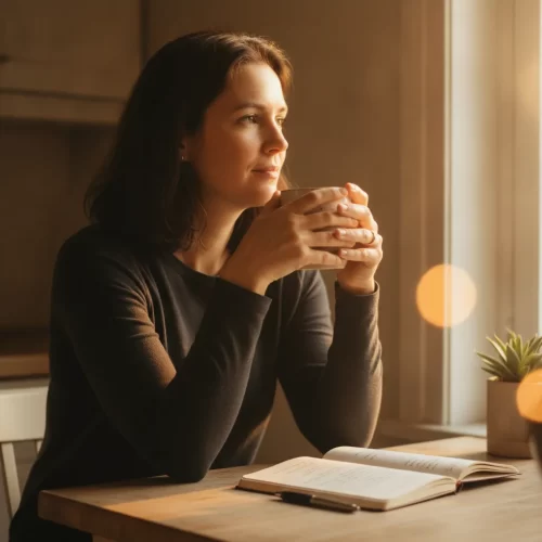 A photorealistic, intimate portrait of a woman in her late 30s sitting quietly at a sunlit kitchen table in the early...