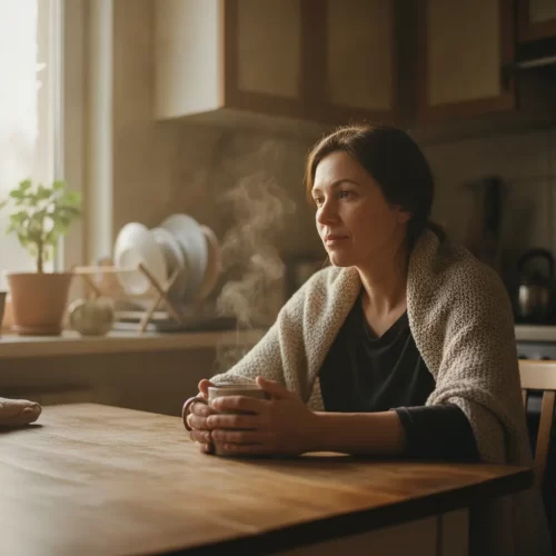 A photorealistic, documentary-style wide shot of a woman in her late thirties sitting alone at a worn wooden kitchen...