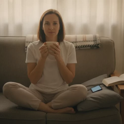 A photorealistic, candid portrait of a woman in her late 30s sitting cross-legged on a lived-in couch in the soft, pale...