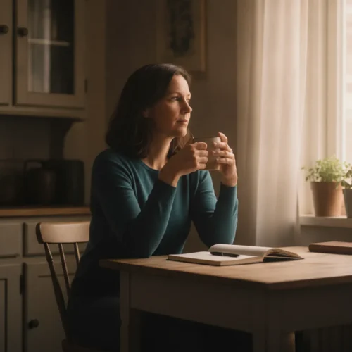 A photorealistic, documentary-style medium shot of a woman in her late thirties sitting alone at a small wooden kitchen...