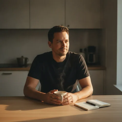 A photorealistic, documentary-style portrait of a man in his late thirties sitting alone at a clean kitchen table in the...