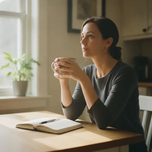 A photorealistic, documentary-style portrait of a woman in her late 30s sitting alone at a small wooden table beside a...