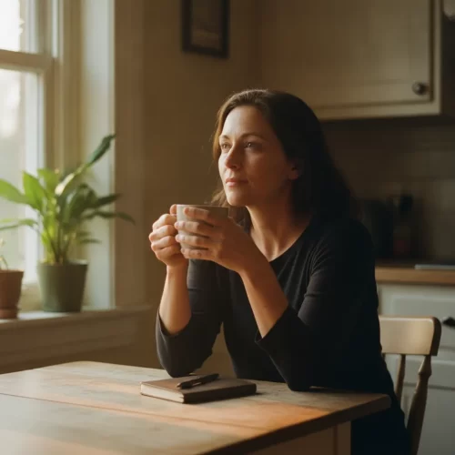 A photorealistic, documentary-style portrait of a woman in her early 40s sitting alone at a small wooden kitchen table in...
