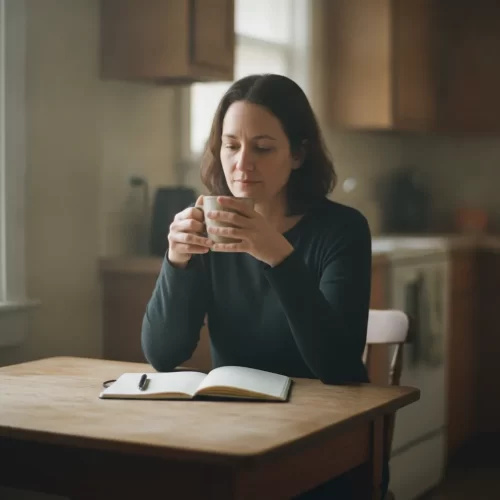 A photorealistic, documentary-style medium shot of a woman in her mid-thirties sitting alone at a small wooden kitchen...