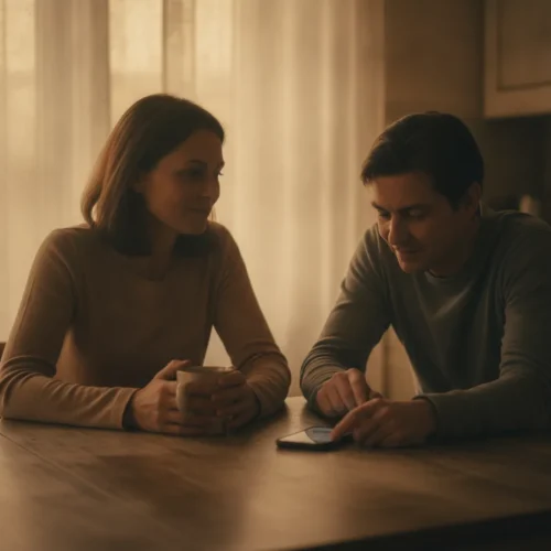 A photorealistic, candid documentary-style medium shot of a couple in their late thirties sitting together at a worn...