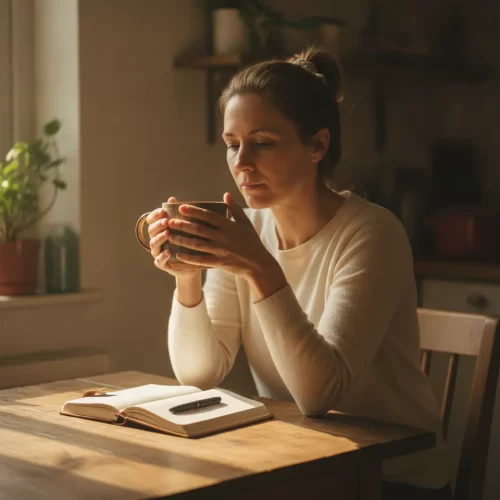 A photorealistic, documentary-style portrait of a woman in her early forties sitting alone at a small wooden kitchen...