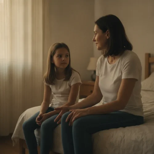 A photorealistic, documentary-style medium shot of a mother in her late thirties sitting beside her young daughter —...